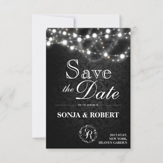 Save the Date - Gothic Black with White Lights (Front)