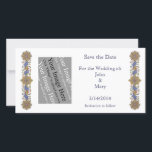 Save the Date Gothic Custom Photo Card Template<br><div class="desc">A formal border in a golden geometric patterns with blue leaves and tiny flowers,  vintage art from an antique manuscript. Click Customize It to change fonts or background colors,  even save your design for later!</div>