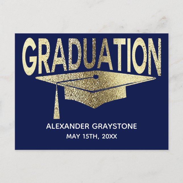Save The Date Graduation Blue & Faux Gold Modern Announcement Postcard (Front)