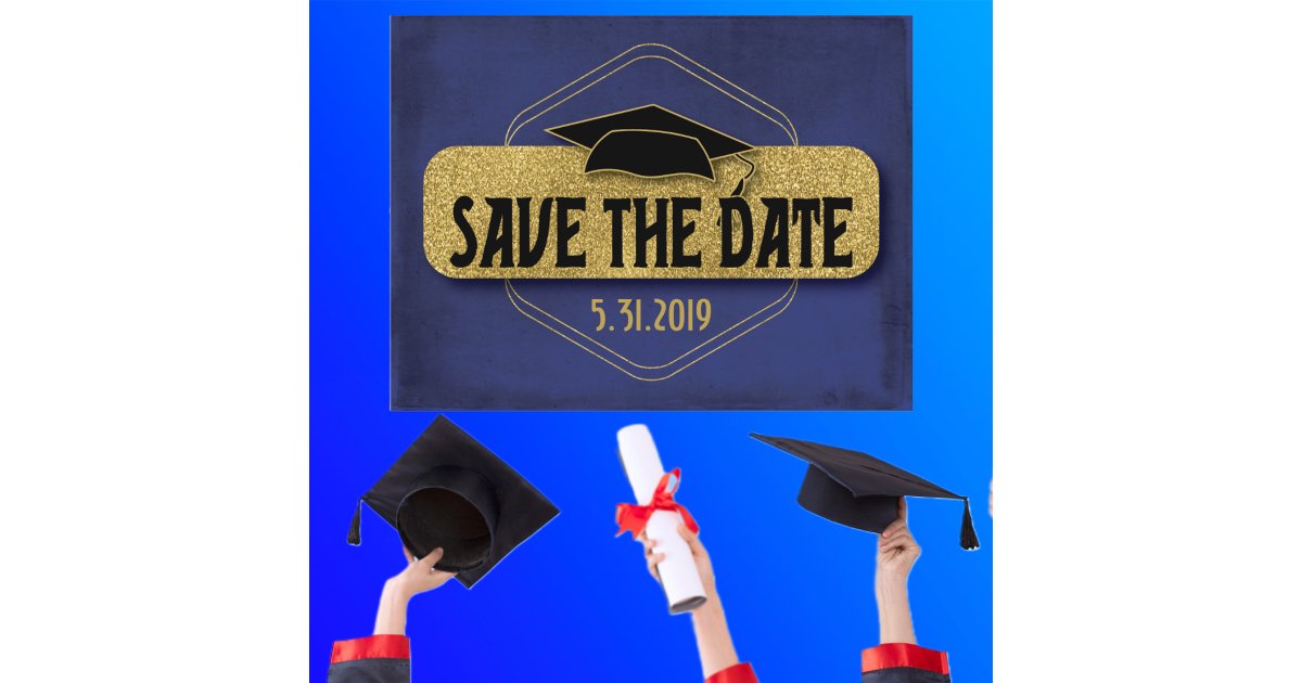 Save The Date Graduation Blue Gold Elegant Postcard | Zazzle