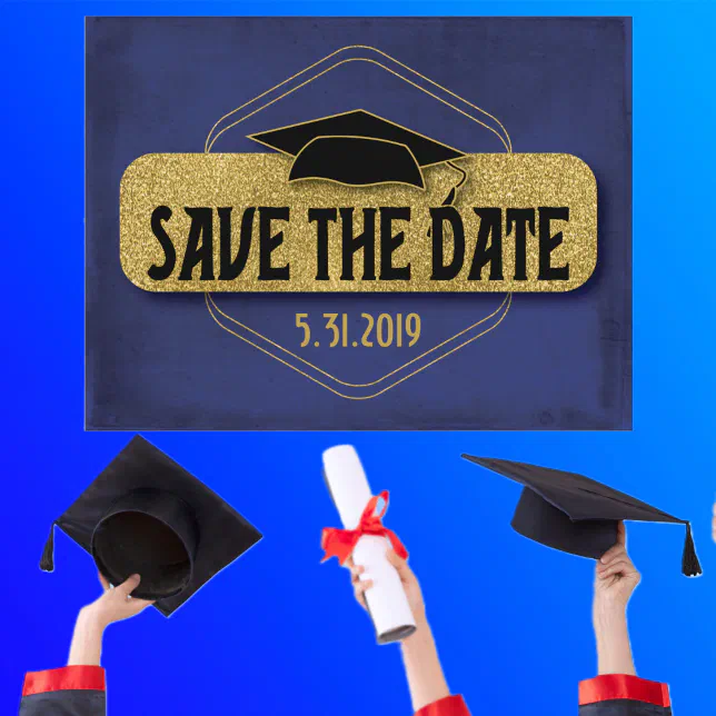 Save The Date Graduation Blue Gold Elegant Postcard | Zazzle