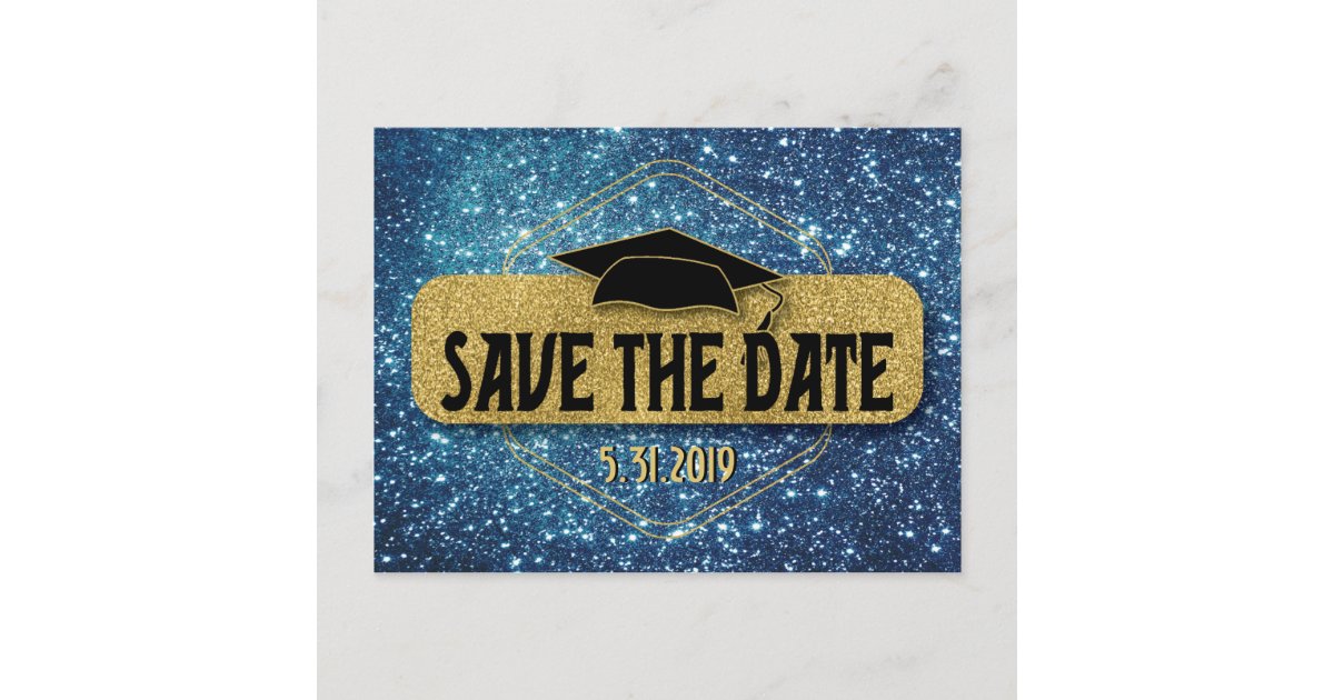 Save The Date Graduation Gold Blue Grad Cap Postcard | Zazzle