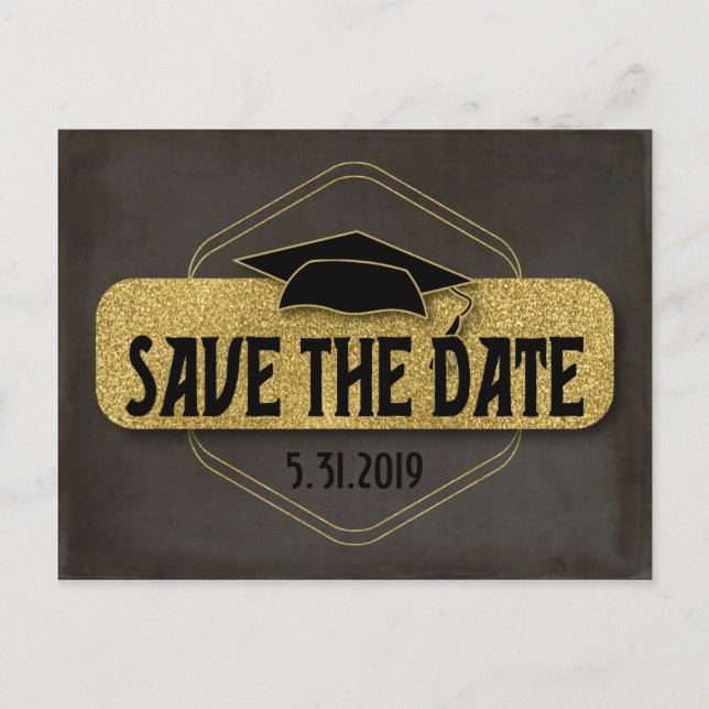 Save The Date Graduation Modern Black Gray Gold Postcard (Front)