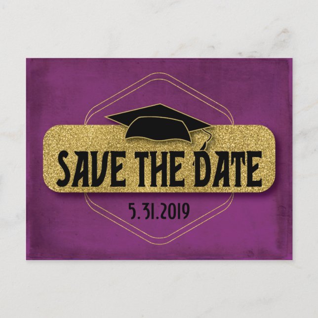 Save The Date Graduation Modern Purple Gold Postcard (Front)