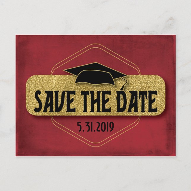 Save The Date Graduation Modern Red Gold Postcard (Front)