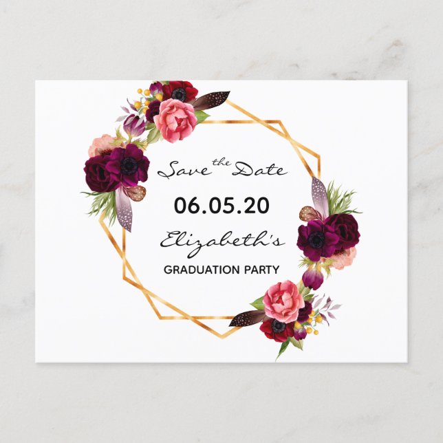 Save the Date graduation party 2020 gold florals Postcard (Front)