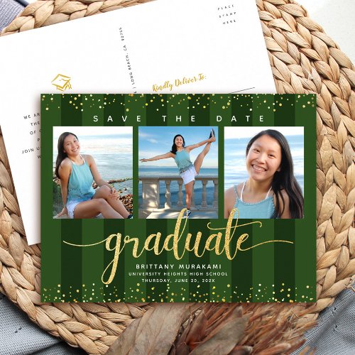 Save the date graduation photo gold glitter green invitation postcard