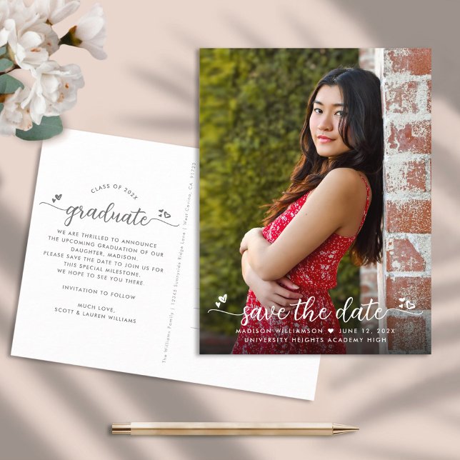Save the Date Graduation Photo Modern Script Heart Invitation Postcard (Creator Uploaded)