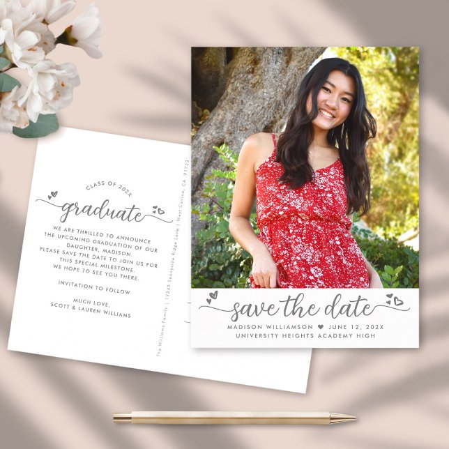 Save the Date Graduation Photo Script Hearts White Invitation Postcard (Creator Uploaded)