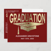 Save The Date Graduation Red & Faux Gold Modern Announcement Postcard (Front/Back)