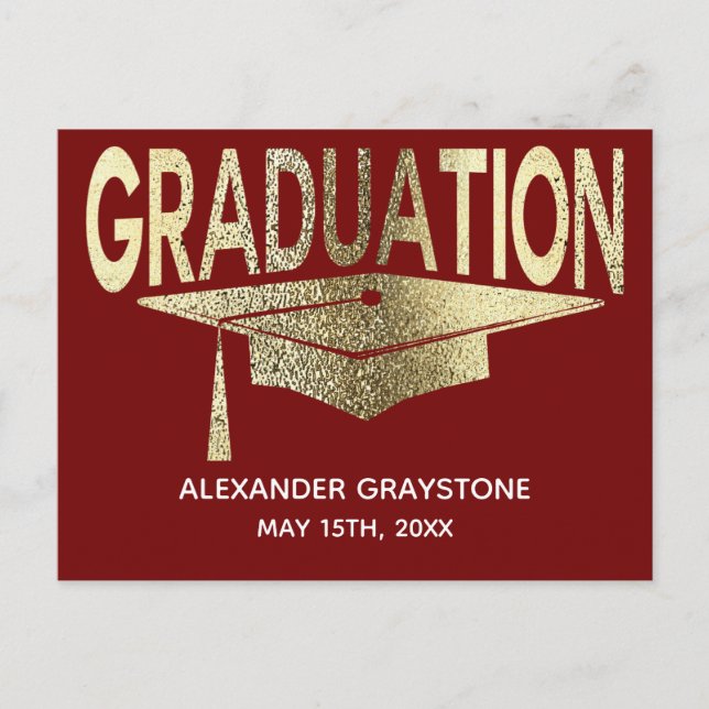 Save The Date Graduation Red & Faux Gold Modern Announcement Postcard (Front)