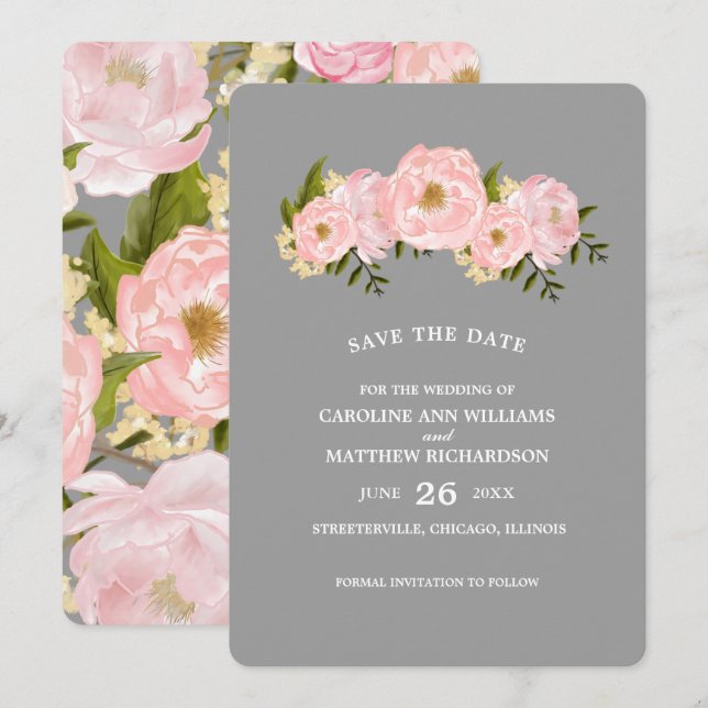 Save the Date. Gray Blush Pink Peonies Wedding Save The Date (Front/Back)