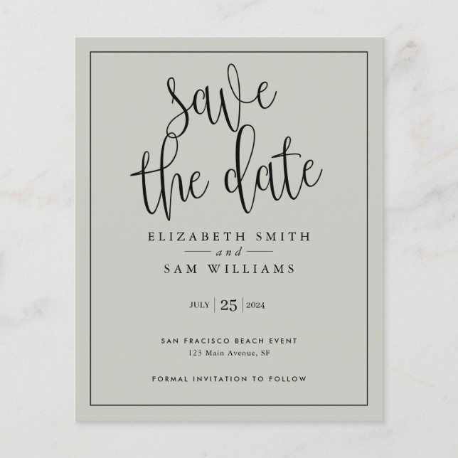 Save the Date Gray Elegant Simple Budget  Flyer (Front)