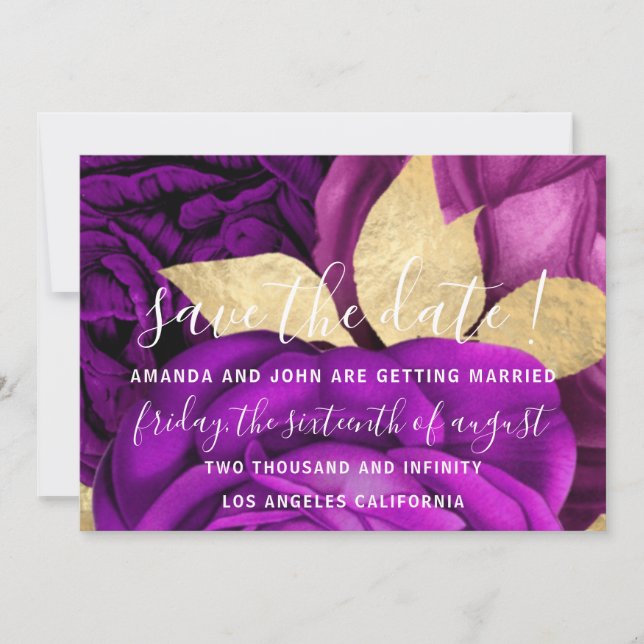 Save The Date Gray Wreath Gold Purple Roses (Front)
