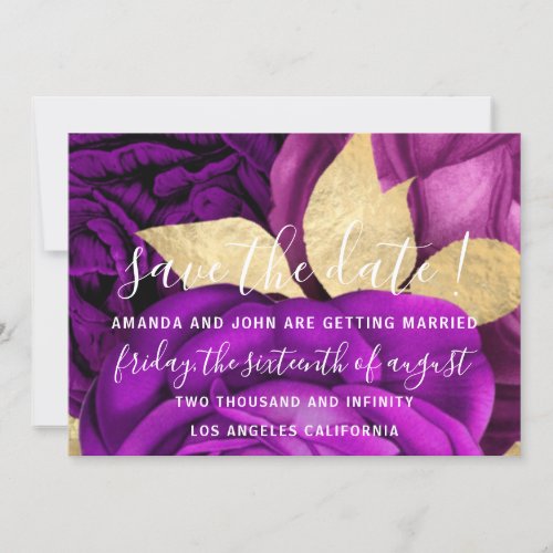 Save The Date Gray Wreath Gold Purple Roses
