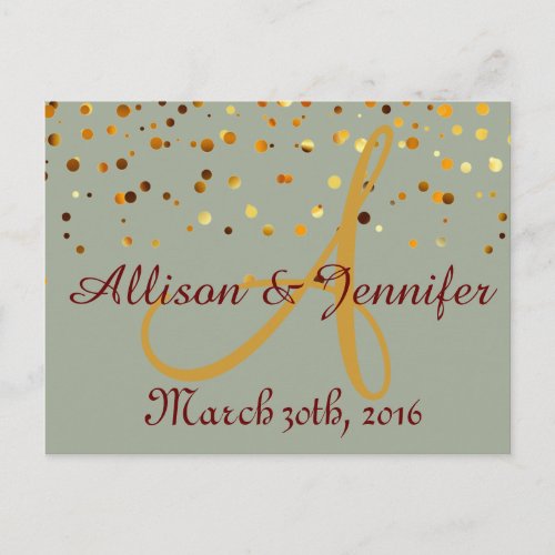 Save the date Green and Gold Glitter Faux Foil Announcement Postcard