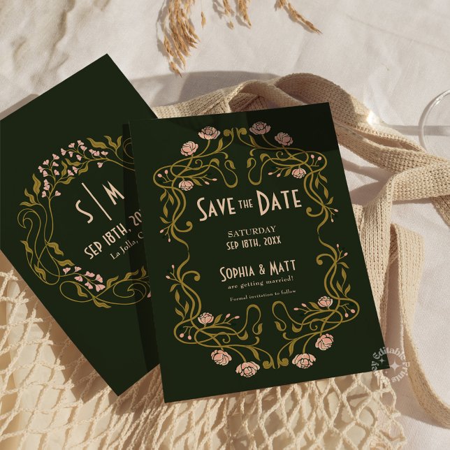 Save The Date Green Art Nouveau Wedding Invitation (art nouveau wedding, green save the date, art nouveau invitation, vintage wedding invite, elegant sa)