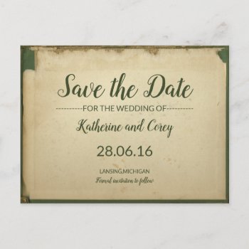 Save The Date Green & Beige Wedding Parchment Postcard by camcguire at Zazzle