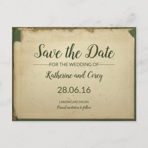 Save The Date Green  Beige Wedding Parchment Postcard