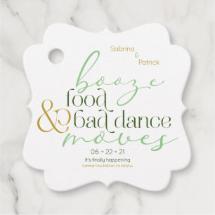 Save the Date Green Booze Food Bad Dance Moves Favor Tags