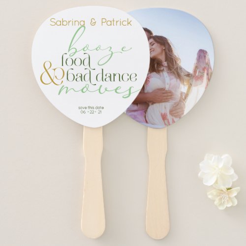 Save the Date  Green Booze Food Bad Dance Moves Hand Fan