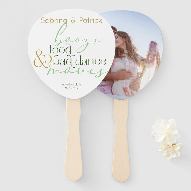 Save the Date  Green Booze Food Bad Dance Moves Hand Fan (Front and Back)