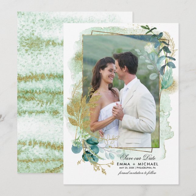 Save the Date. Green Botanical Photo Wedding Invitation (Front/Back)