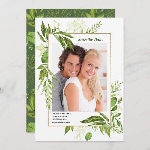 Save the Date Green Botanical Wedding Photo Card