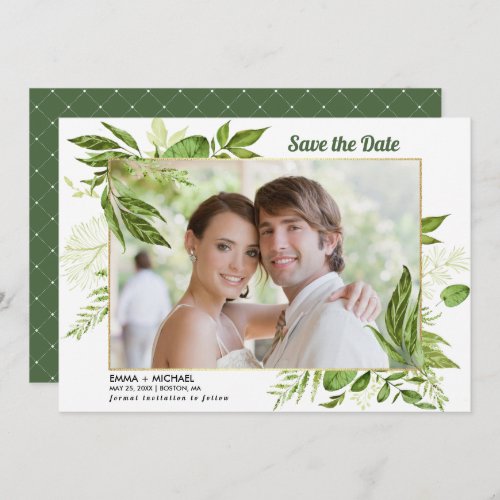 Save the Date Green Botanical Wedding Photo Card