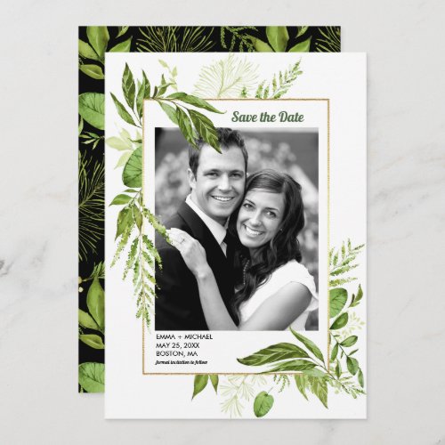 Save the Date Green Botanical Wedding Photo Invitation