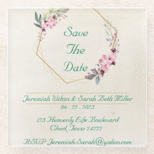 Save The Date - Green Floral Design -  Square  Glass Coaster