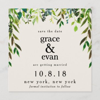Save The Date Green Floral Leaf Olive Wreath Invitation by autumnandpine at Zazzle