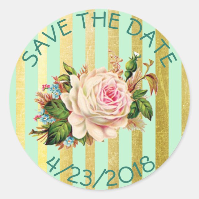 Save the Date Green Gold Flower Striped Stickers (Front)