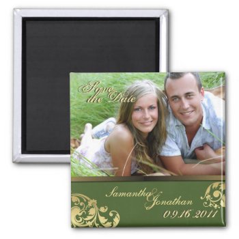 Save The Date Green & Gold Shimmer Floral Magnet by OLPamPam at Zazzle