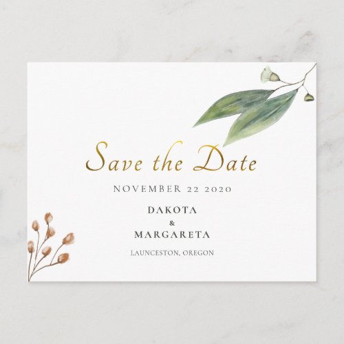 Save the Date green leaf gold script wedding Postcard