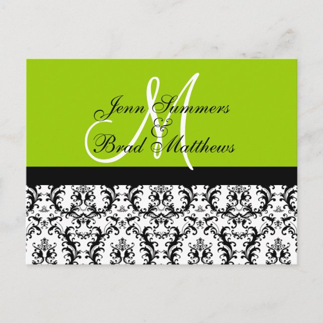 Save the Date Green Monogram Damask Card (Front)