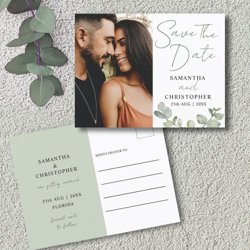 Save the Date Green Watercolor Eucalyptus Wedding  Announcement Postcard