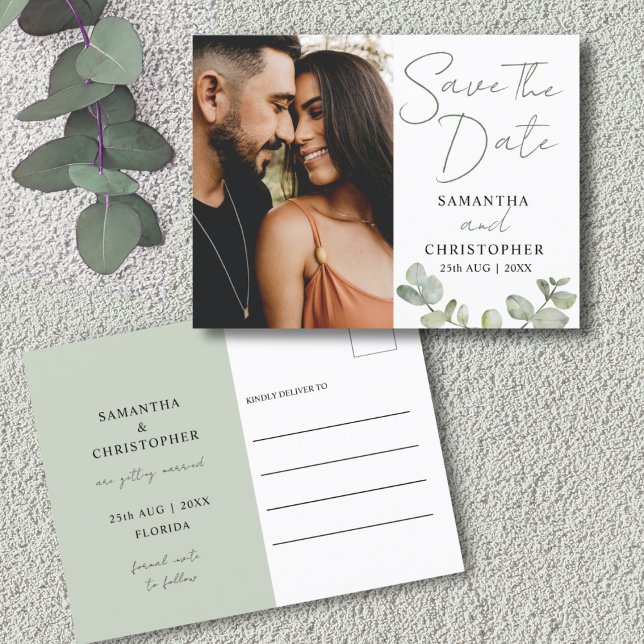 Save the Date Green Watercolor Eucalyptus Wedding  Announcement Postcard (Creator Uploaded)