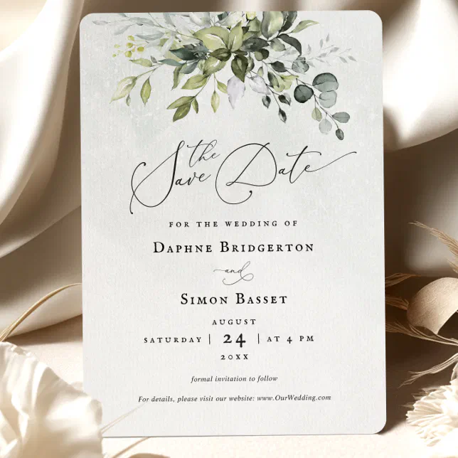 Save The Date Greenery Script Minimalist Wedding Invitation | Zazzle