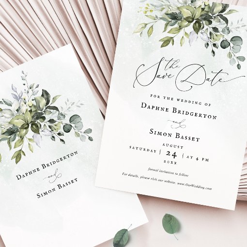 Save The Date Greenery Script Minimalist Wedding Invitation | Zazzle