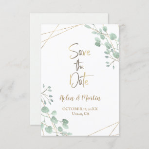 Save the date greenery watercolor gold frame invitation
