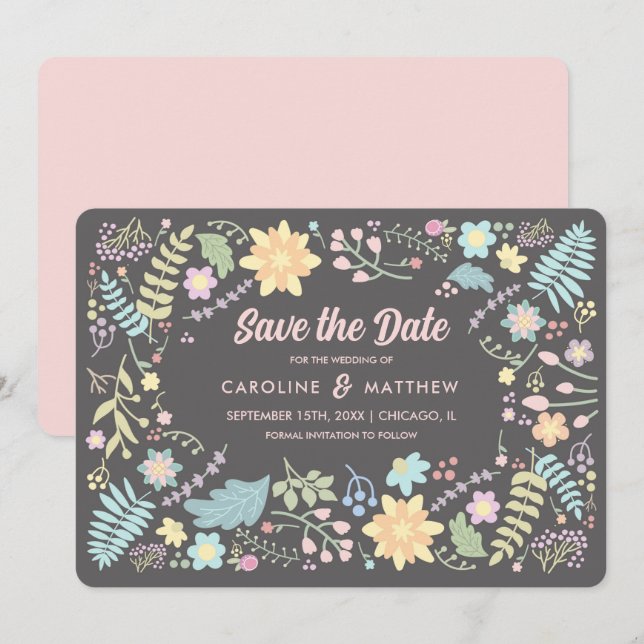 Save the Date. Grey Blush Pink Modern Floral Invitation (Front/Back)
