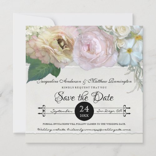 Save the Date Grey Ombre Flowers Peony Roses Invitation