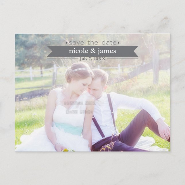 SAVE THE DATE Grey Typography Photo Postcard (Front)