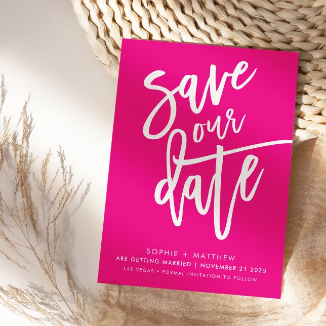 SAVE THE DATE handlettered script fuschia white Invitation (Creator Uploaded)