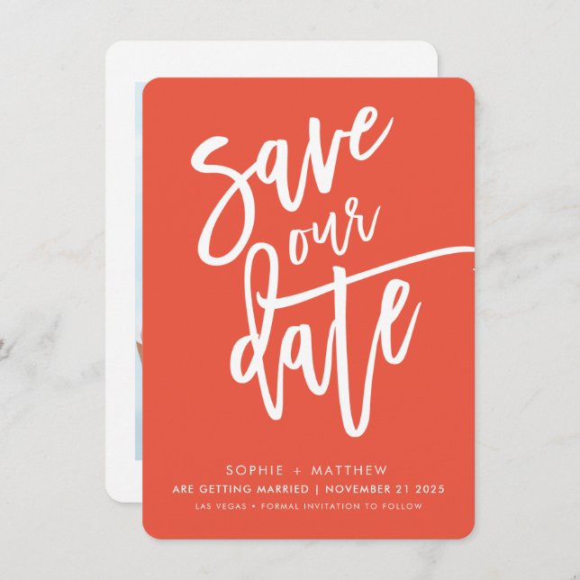 SAVE THE DATE handlettered script orange white ink Invitation (Front/Back)