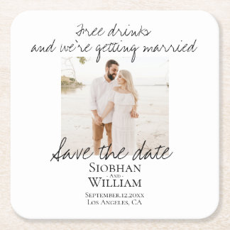 Save The Date Handwritten Personalized Photo Square Paper Coaster