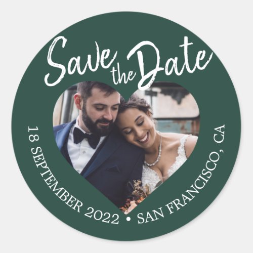 Save the Date Heart Photo Dark Green Classic Round Sticker