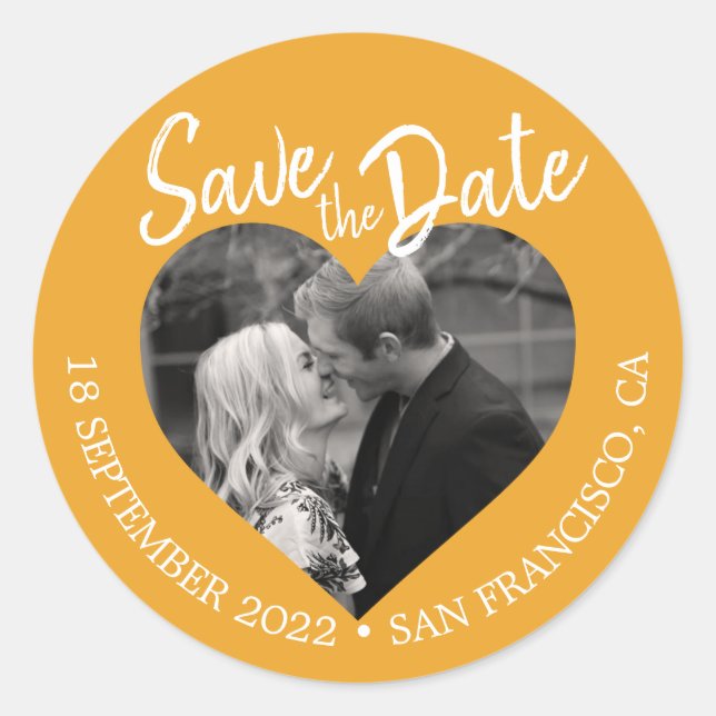 Save the Date Heart Photo Mellow Yellow  Classic Round Sticker (Front)