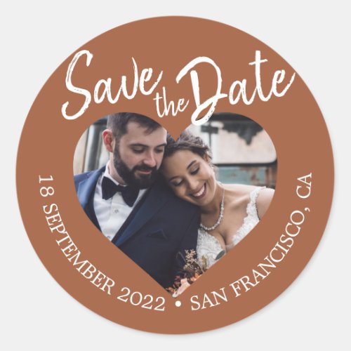 Save the Date Heart Photo TerraCotta Classic Round Sticker